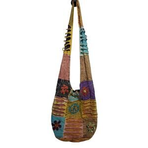 Handbag Purse Bohemian Patchwork Floral Hobo Distressed Style, Flawed Lining Rip